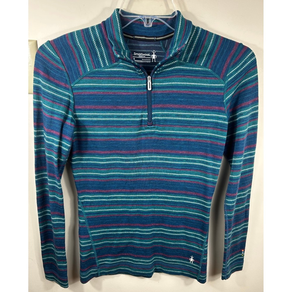 Smartwool Merino 250 Base Layer Women M Teal Striped 1/4 Zip Wool Top Outdoor
